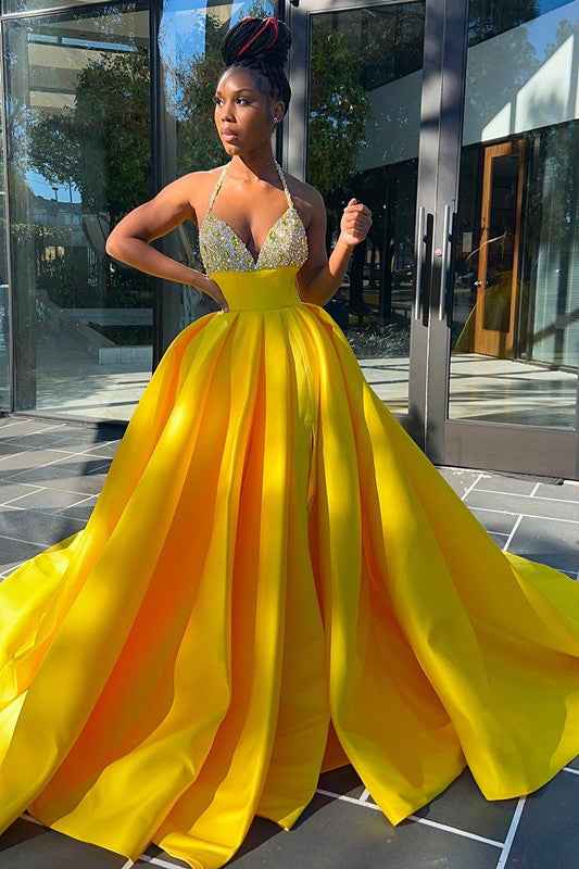 Glamorous Yellow Halter Sleeveless High Waist Long Split Prom Dress with Beadings