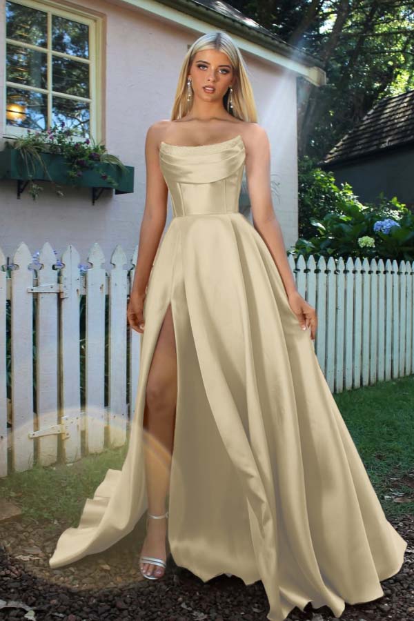 Strapless Sleeveless A Line Long Prom Dress With Split Pleated BMBRIDE