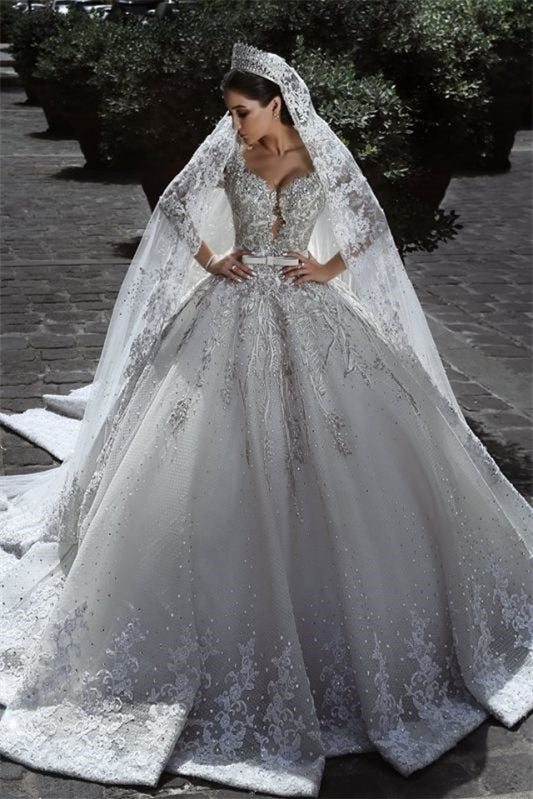 Long Sleeve Ball Gown Wedding Dress with Beading and Lace Appliques BM bride