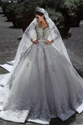 Long Sleeve Ball Gown Wedding Dress with Beading and Lace Appliques BM bride