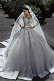 Long Sleeve Ball Gown Wedding Dress with Beading and Lace Appliques BM bride