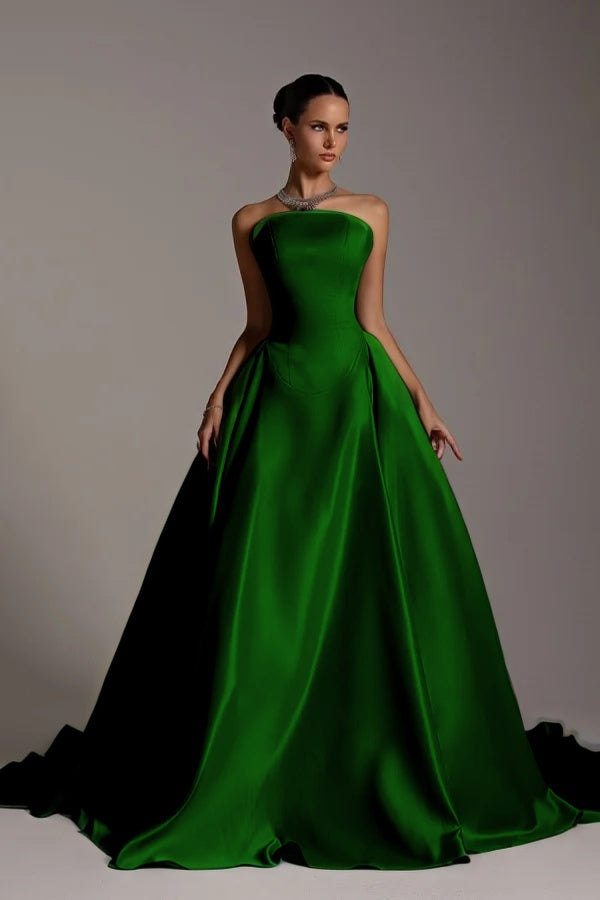 Chic Strapless Sleeveless A Line Long Prom Dress With Pleated BMBRIDE