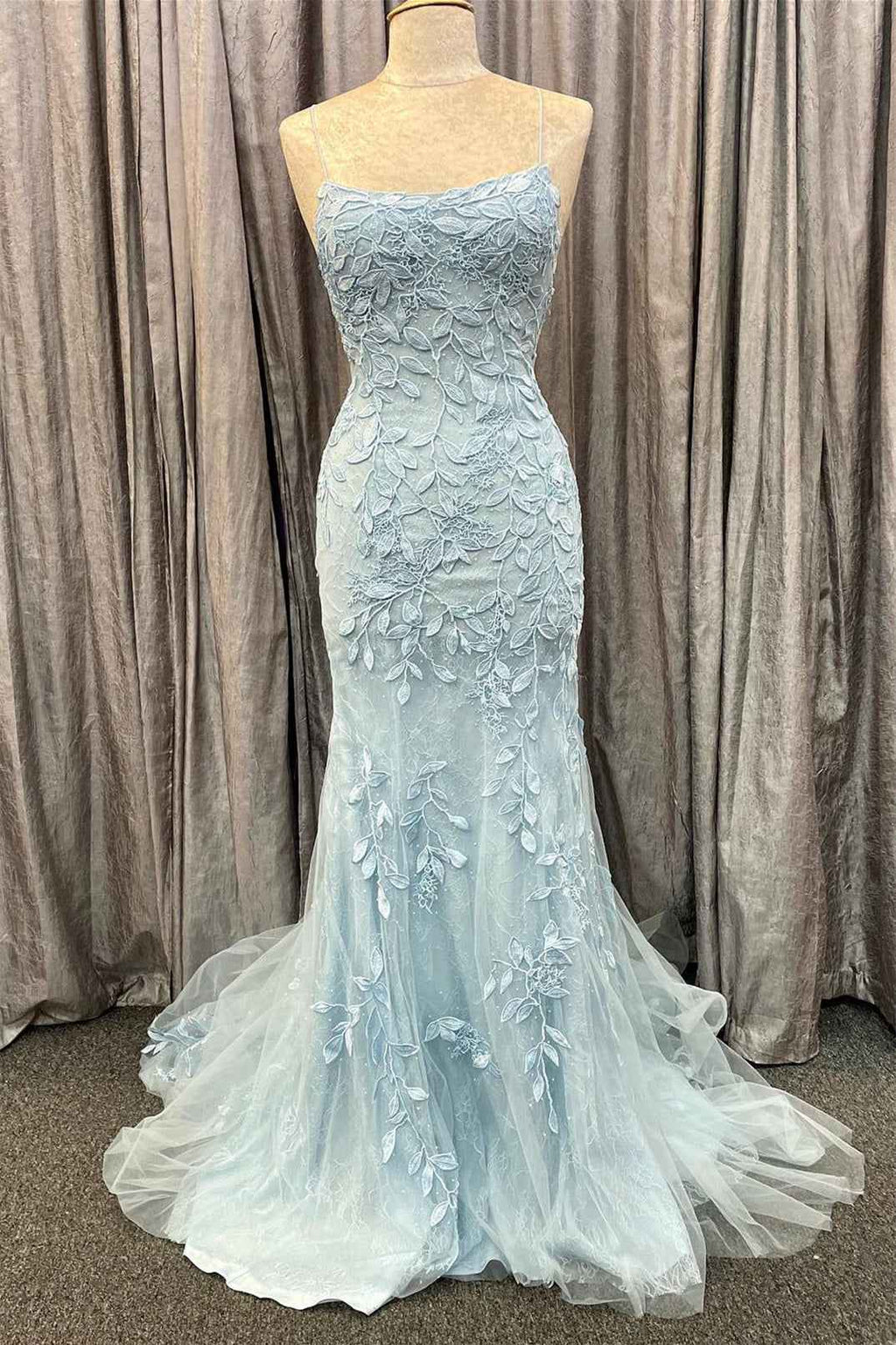 Tulle Mermaid Prom Dress Spaghetti Strap Open Back With Appliques