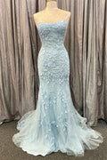 Tulle Mermaid Prom Dress Spaghetti Strap Open Back With Appliques