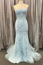 Tulle Mermaid Prom Dress Spaghetti Strap Open Back With Appliques