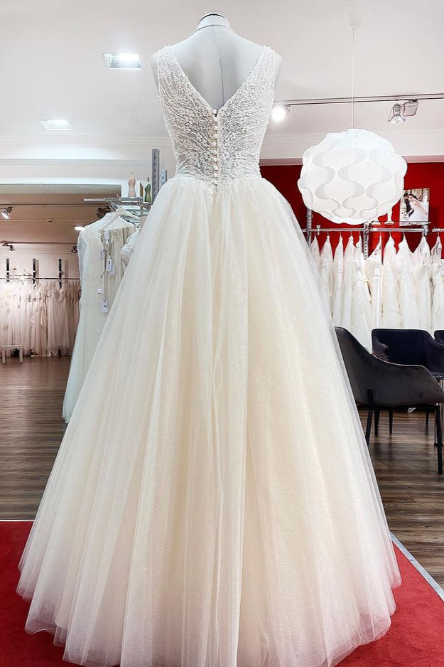 Unique V-Neck Princess Ivory Wedding Dress with Ruffles and Tulle Lace BM bride