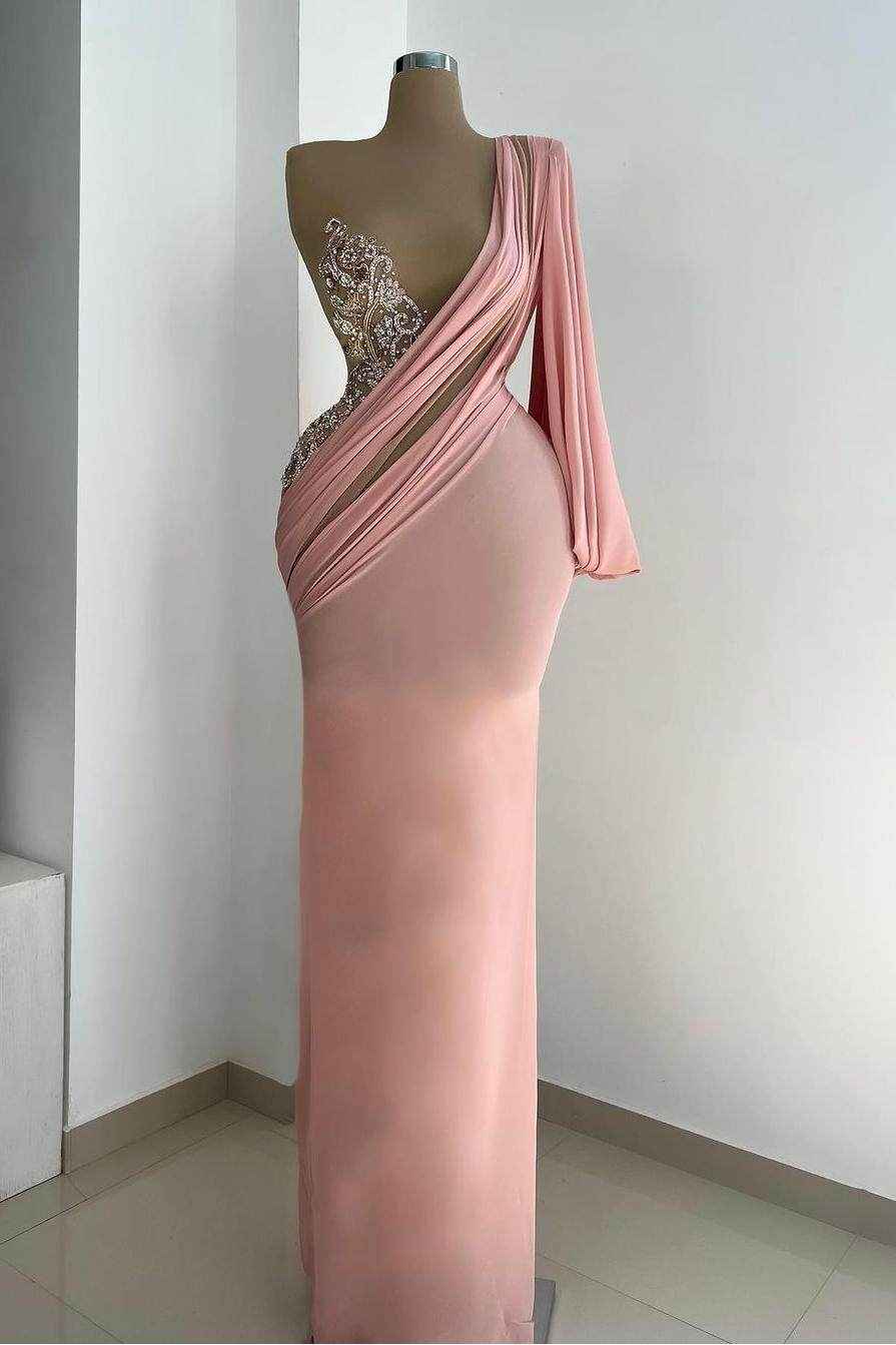 One Shoulder Long Sleeve Mermaid Long Prom Dress With Appliques