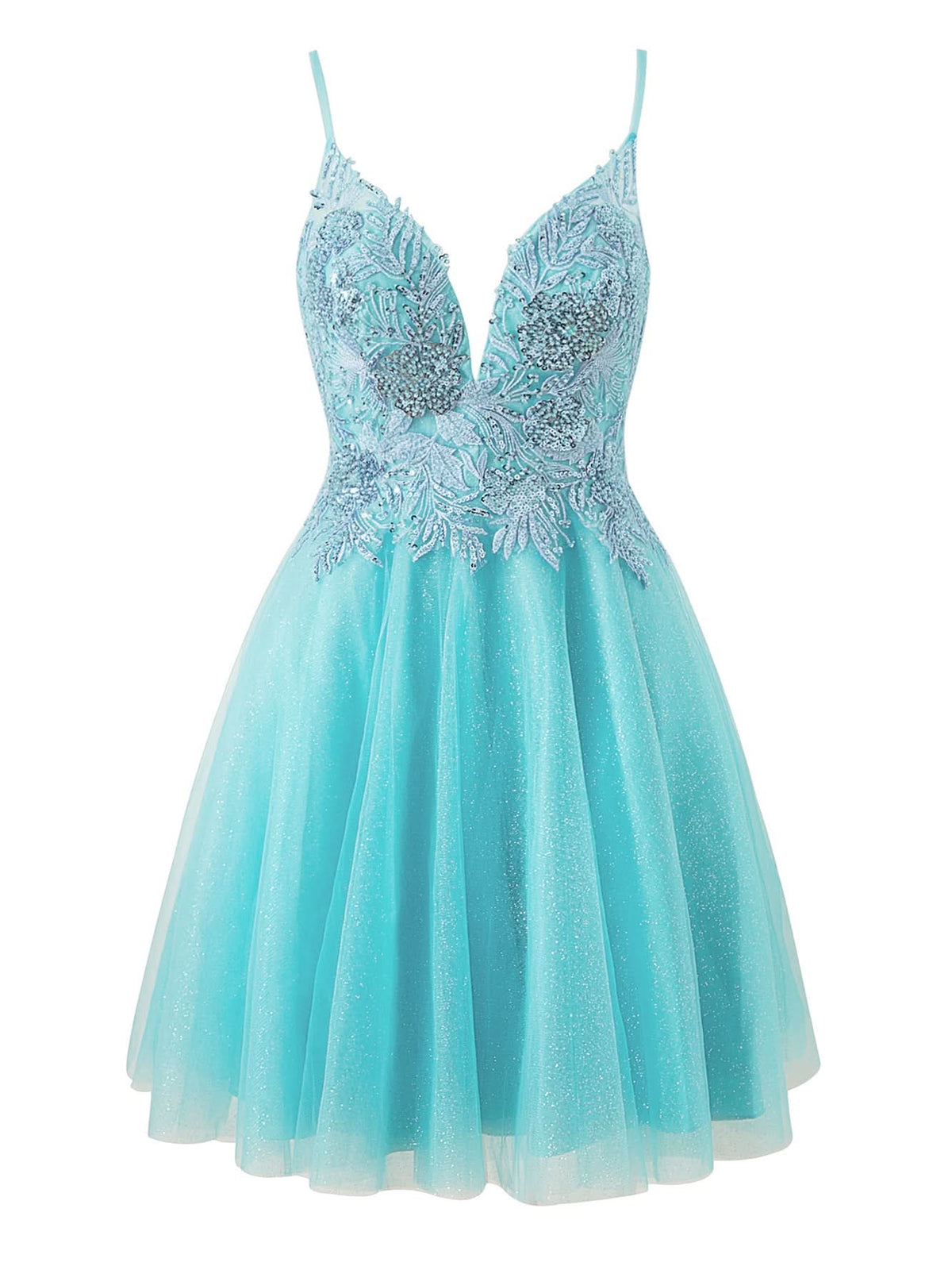 Short Spaghetti Strap Glitter Tulle A-Line Homecoming Dress BM bride