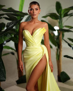 Luminous Yellow Strapless Long Evening Dress with High Slit, Pleats, and Beads BM bride