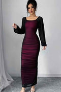 Square Neck Long Sleeves Long Mermaid Prom Dress With Pleated
