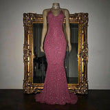 Elegant Halter V-Neck Mermaid Evening Dress with Sequins BM bride