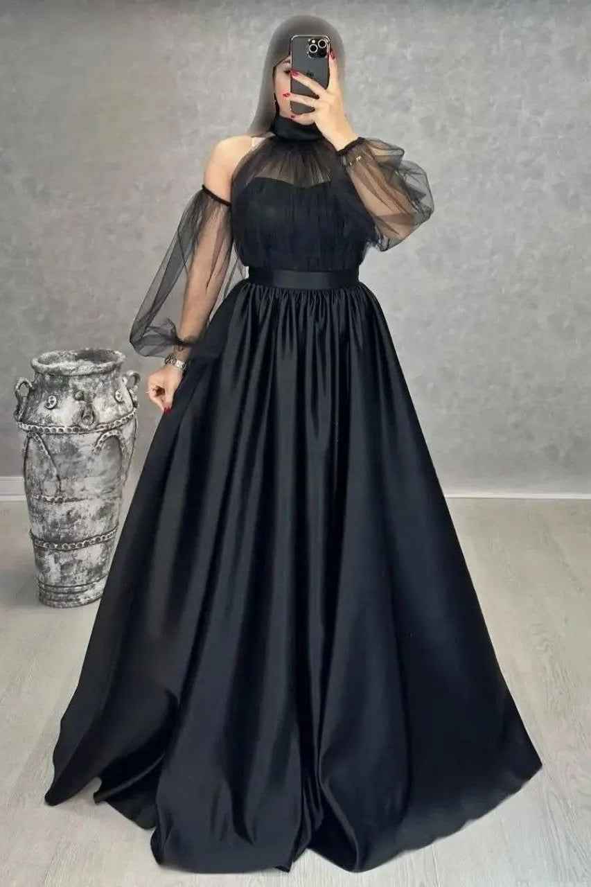 Halter Long Sleeves Sweetheart Long Prom Dress With Pleated