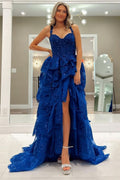Sweet Blue Tulle Sequin Sweetheart Ruffle Tiered Long Gown BM bride