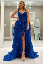 Sweet Blue Tulle Sequin Sweetheart Ruffle Tiered Long Gown BM bride