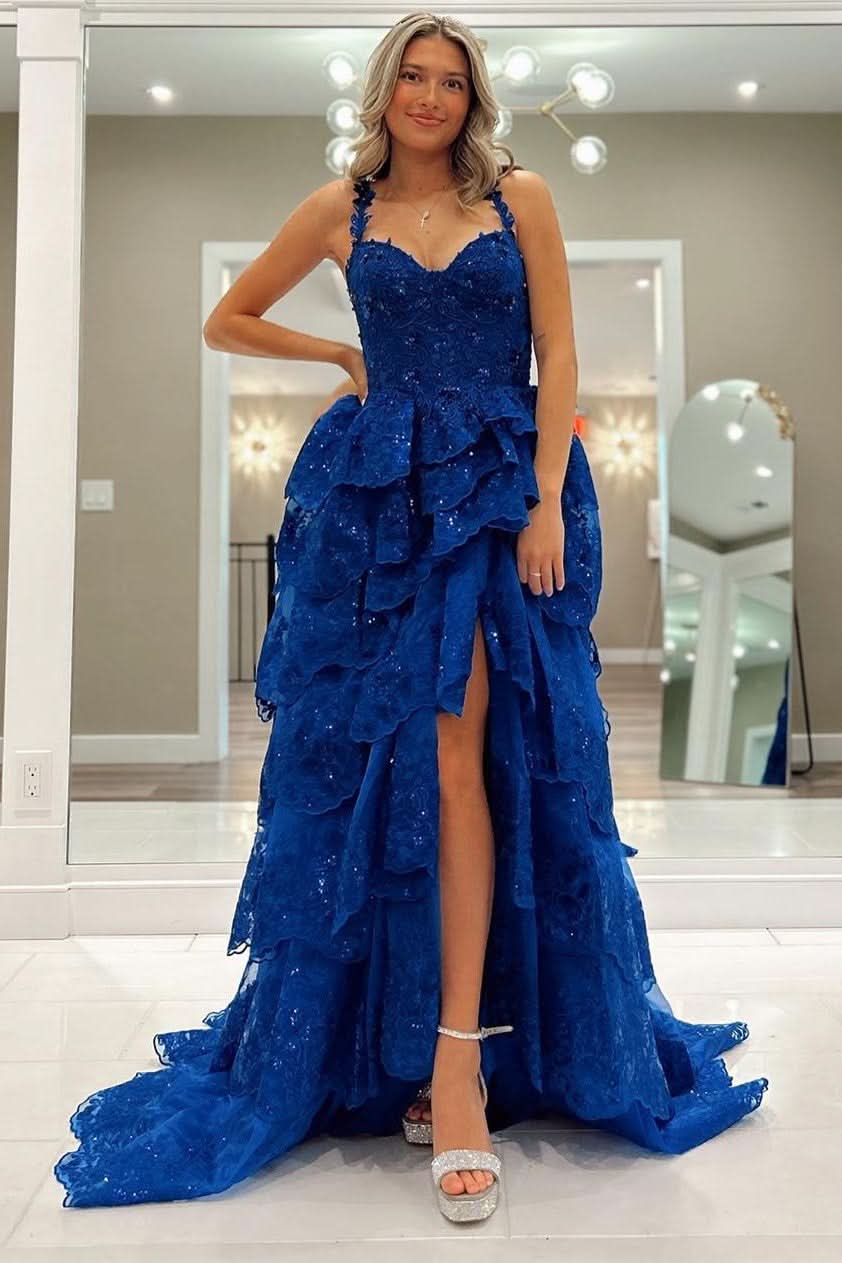 Sweet Blue Tulle Sequin Sweetheart Ruffle Tiered Long Gown BM bride