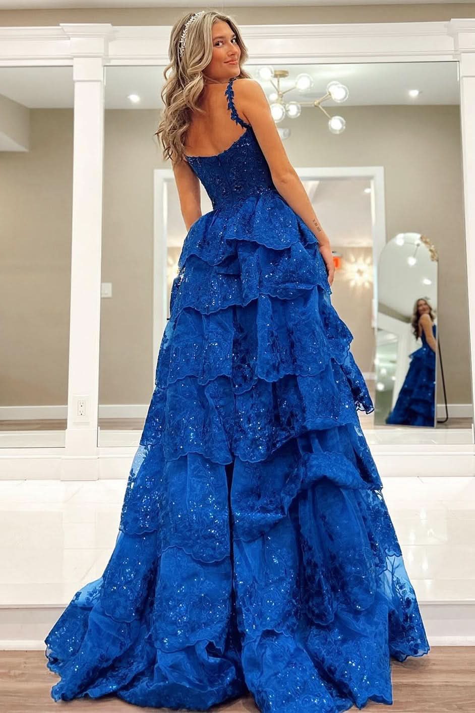 Sweet Blue Tulle Sequin Sweetheart Ruffle Tiered Long Gown BM bride