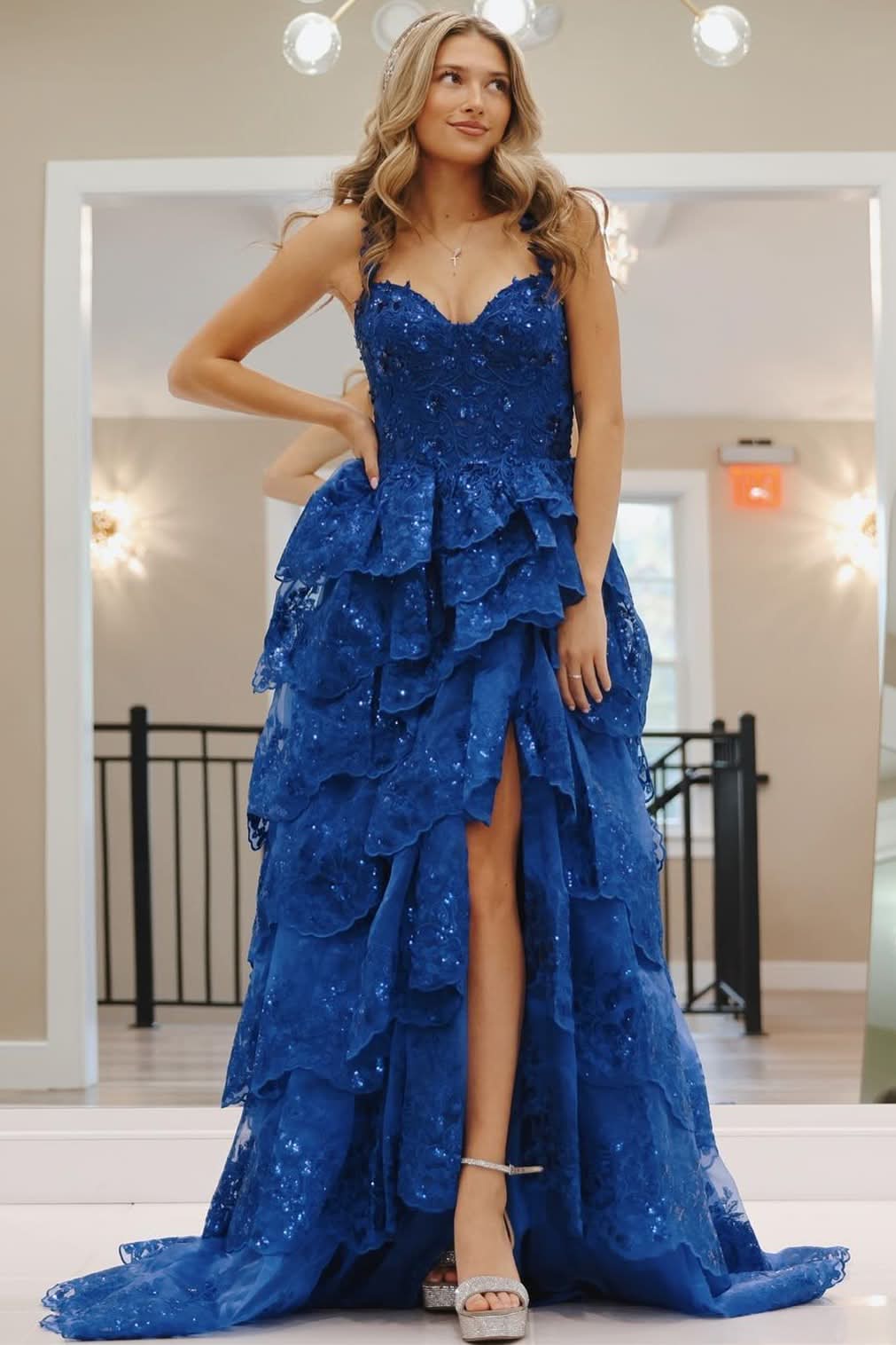Sweet Blue Tulle Sequin Sweetheart Ruffle Tiered Long Gown BM bride