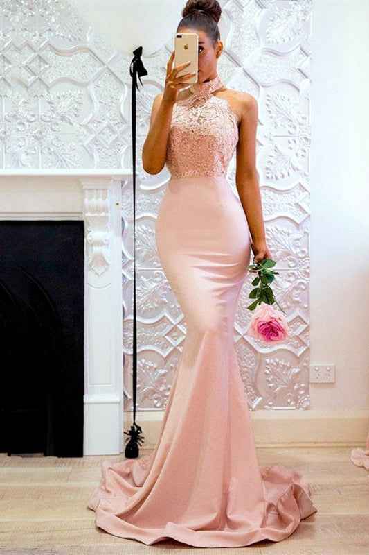 Hot High Neck Sleeveless Backless Lace Prom Dress Mermaid With Appliques