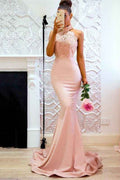 Hot High Neck Sleeveless Backless Lace Prom Dress Mermaid With Appliques