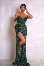 Green Prom Dress Sequins Off-the-Shoulder V-Neck with High Slit BM bride