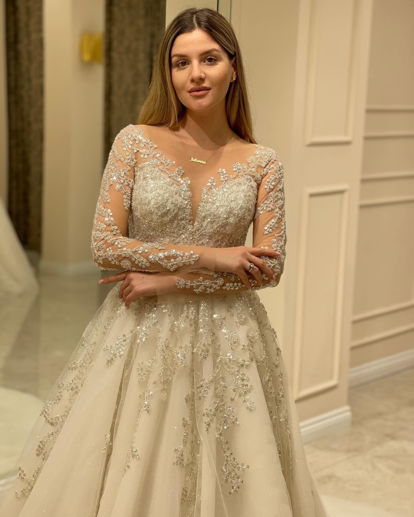 Elegant Long A-Line Wedding Dress with Lace Appliques and Sleeves BM bride