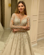 Elegant Long A-Line Wedding Dress with Lace Appliques and Sleeves BM bride