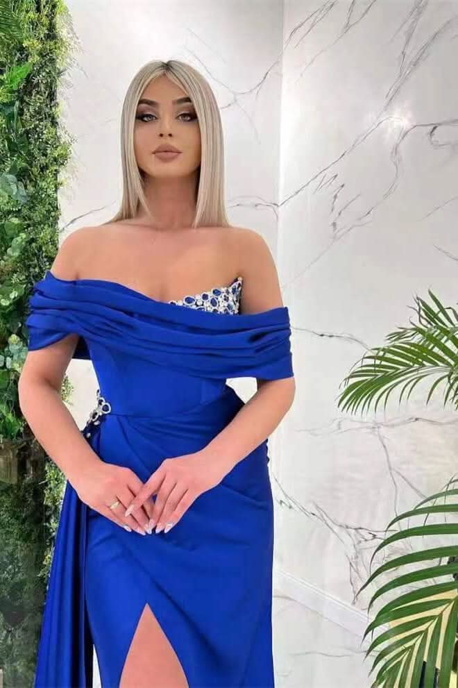Royal Blue Off-the-Shoulder Mermaid Prom Dress with Ruffles and Split BM bride