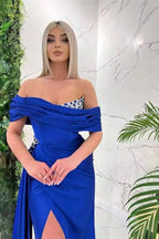 Royal Blue Off-the-Shoulder Mermaid Prom Dress with Ruffles and Split BM bride
