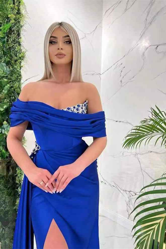 Royal Blue Off the Shoulder Sleeveless Prom Dress Mermaid Split With Ruffles