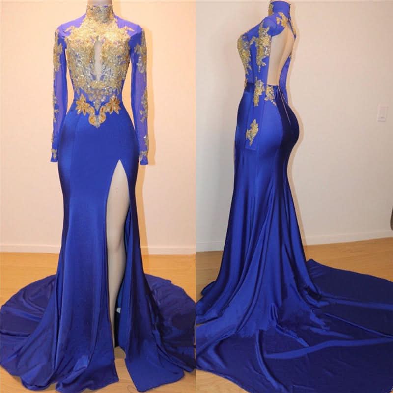 Royal Blue Long Sleeve Prom Dress with Slit BM bride