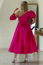 One Shoulder Bubble Sleeves A Line Prom Dress With Split Pockets
