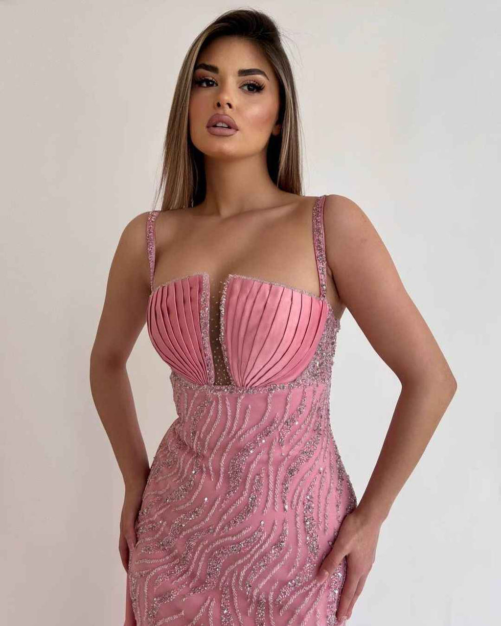 Pink Spaghetti Strap Sequins Beaded Sleeveless Mermaid Prom Dress With Ruffles