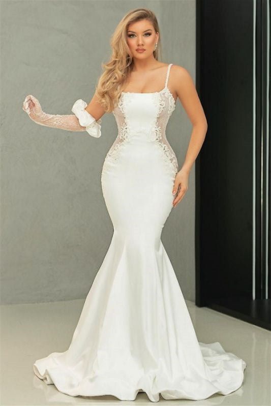Spaghetti Strap Charmeuse Lace Applique Mermaid Wedding Dress BM bride