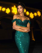 Sequins Dark Green Off the Shoulder Long Mermaid Prom Dress Gown