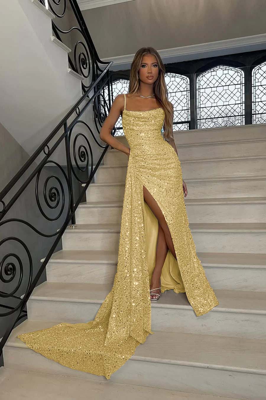 Sequins Spaghetti Strap Sleeveless Long Mermaid Prom Dress With Split