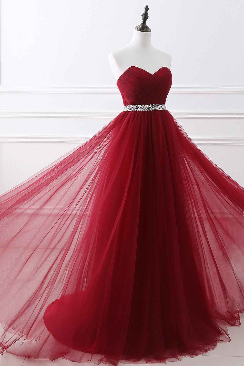 Burgundy Sweetheart Sleeveless Beadings Elegant Prom Dress Long With Belt