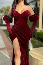 Glamorous Red Velvet Strapless Pleated Long Split Prom Dress With Gloves