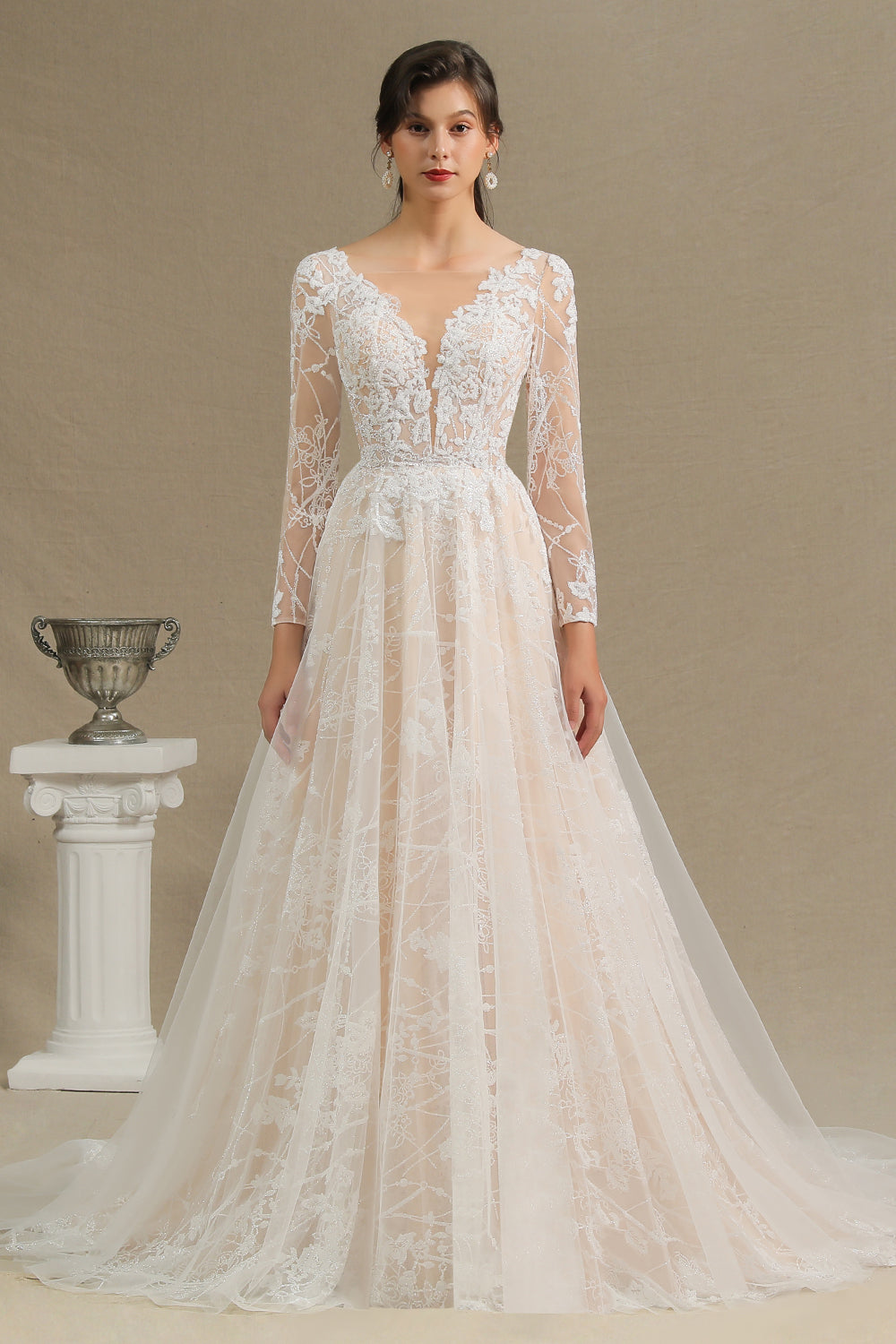 Sheer Long Sleeve A-Line Illusion Tulle Wedding Dress with Lace BM bride