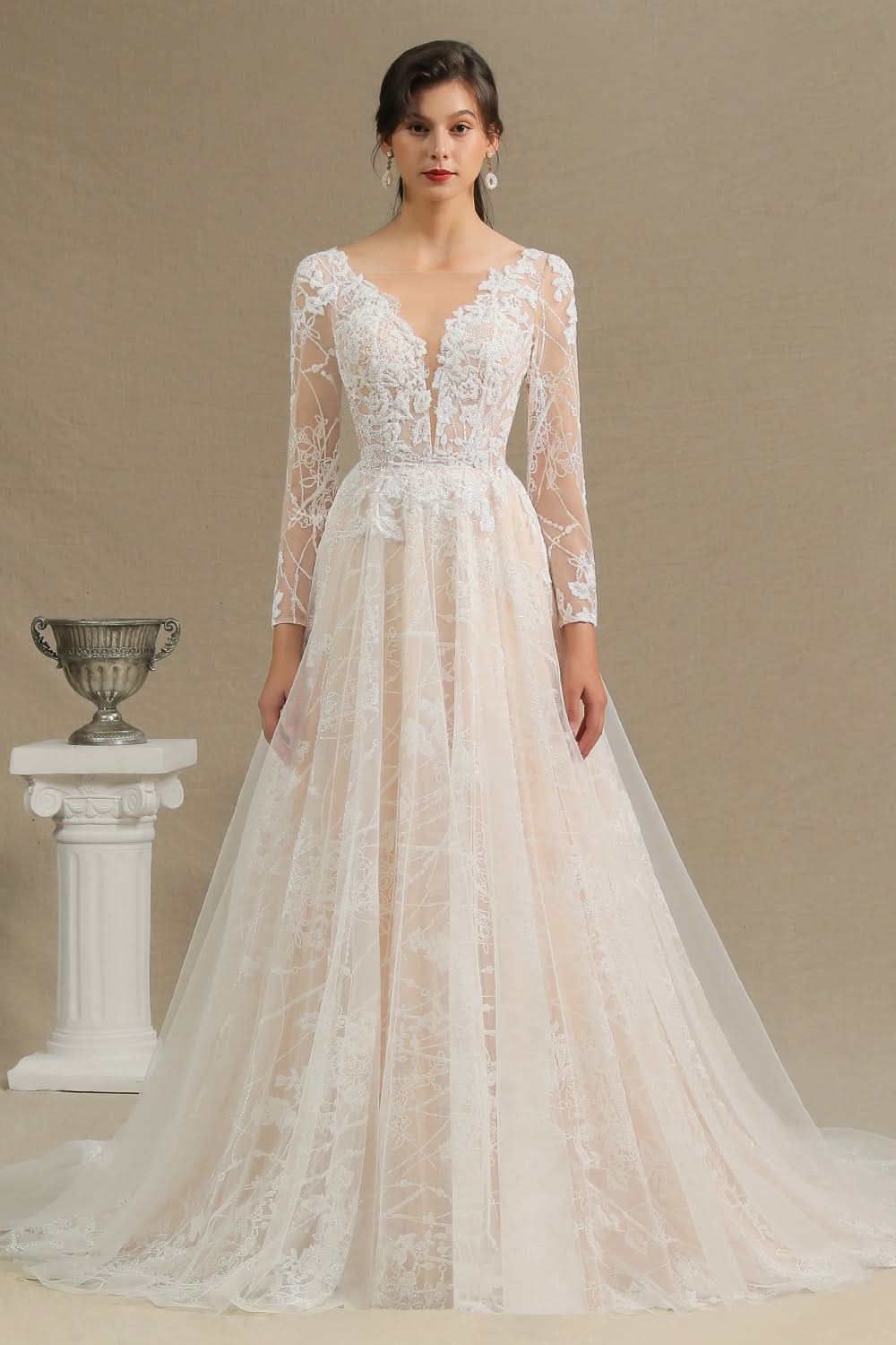 Sheer Long Sleeve A-Line Illusion Tulle Wedding Dress with Lace BM bride