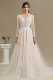 Sheer Long Sleeve A-Line Illusion Tulle Wedding Dress with Lace BM bride