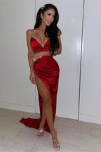 Red Sweetheart Charmeuse Mermaid Prom Dress with Side Splits BM bride