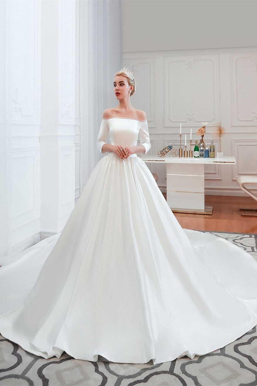 Off-the-Shoulder Half Sleeve Satin Wedding Dress BM bride