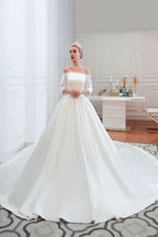 Off-the-Shoulder Half Sleeve Satin Wedding Dress BM bride
