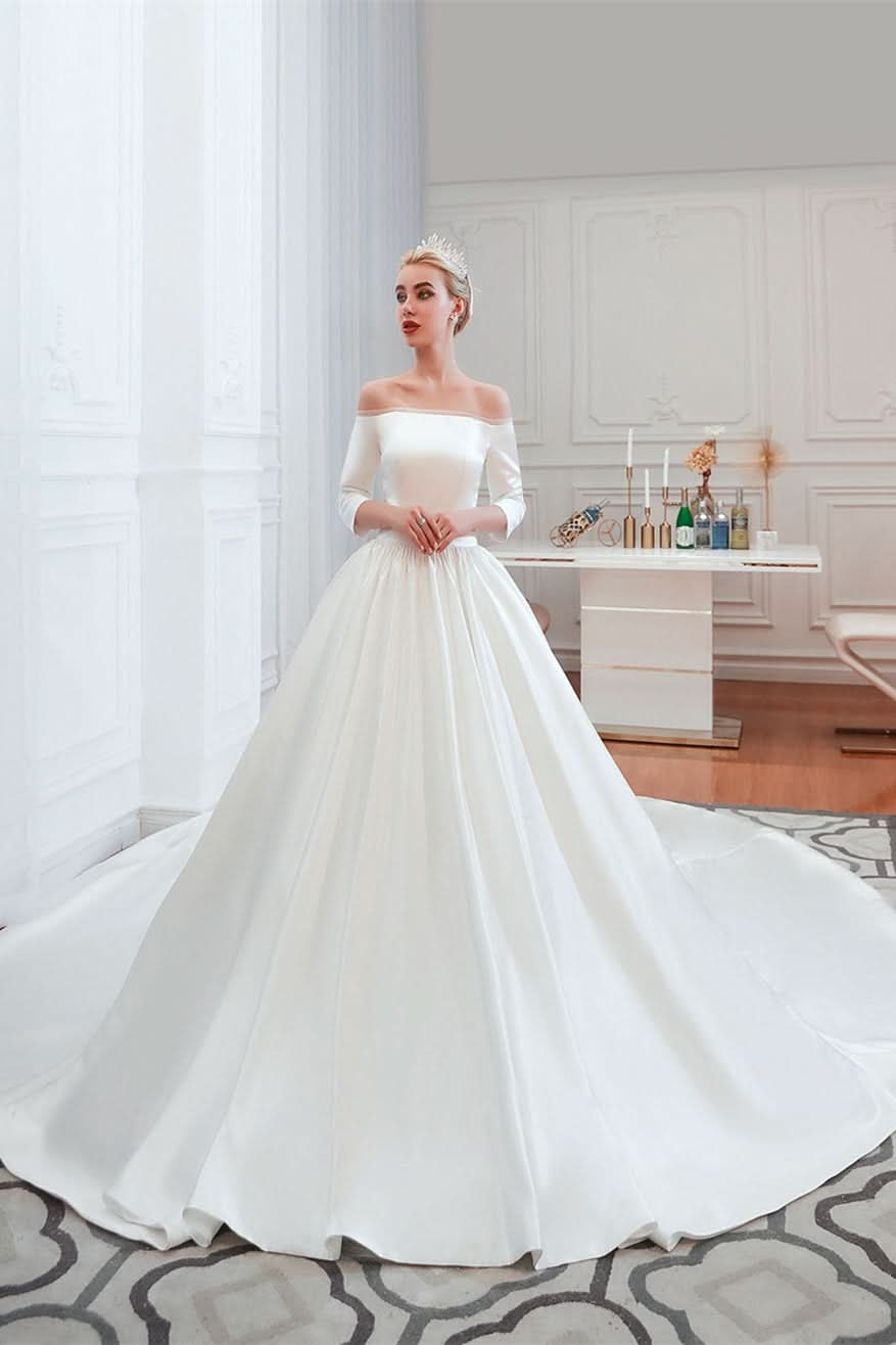 Off-the-Shoulder Half Sleeve Satin Wedding Dress BM bride