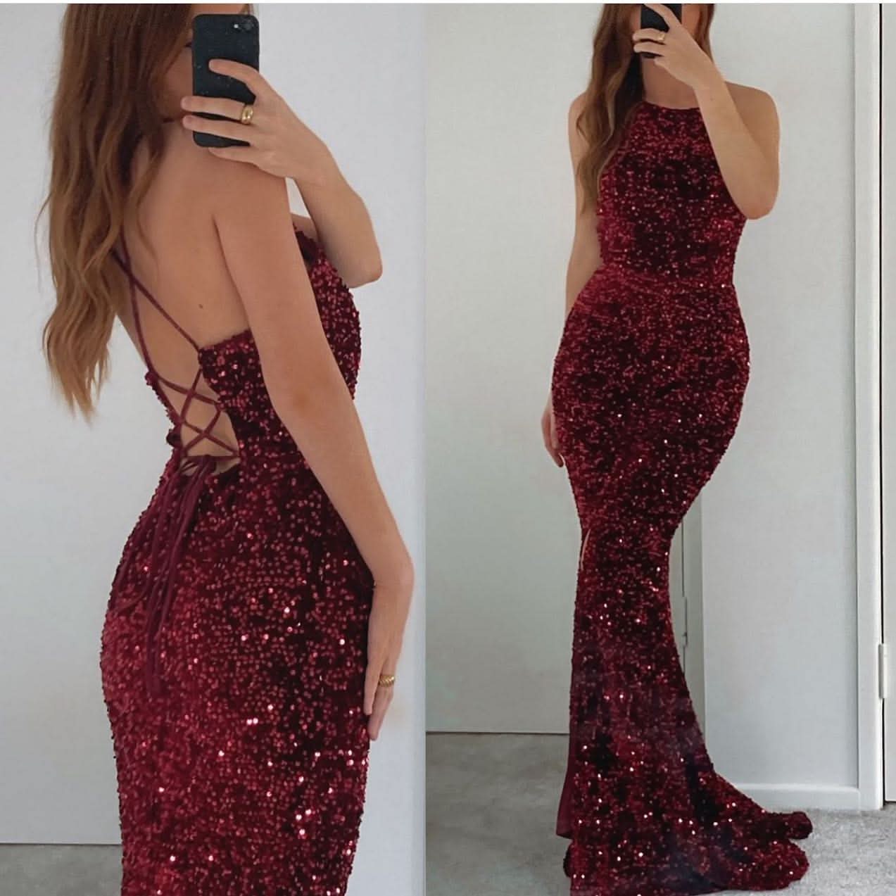 Burgundy Sleeveless Sequined Mermaid Prom Dress BM bride