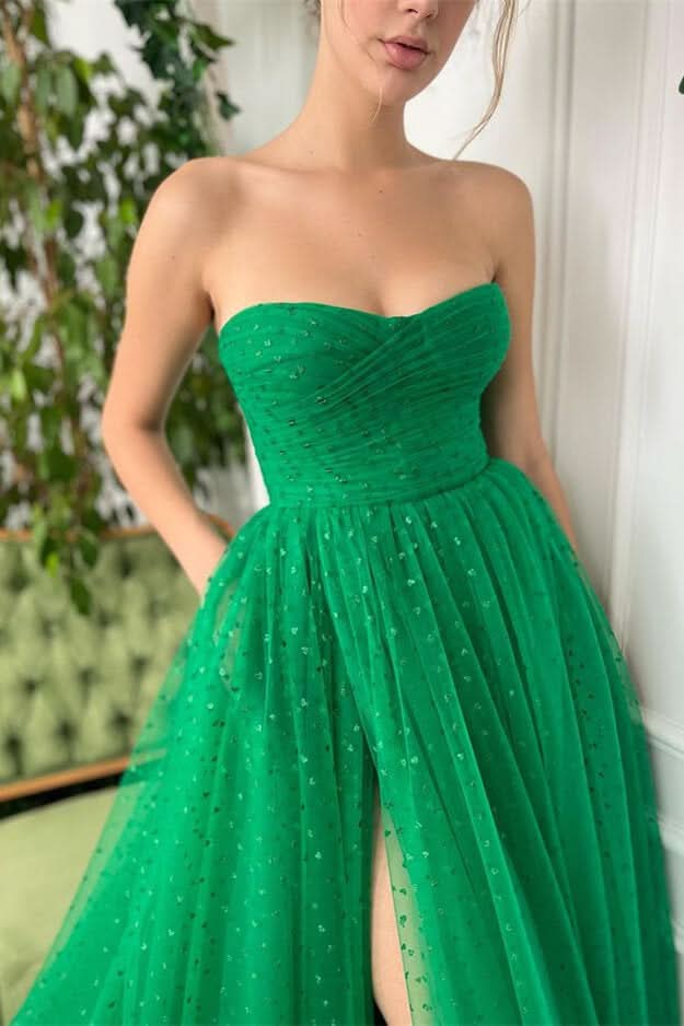 Glamorous Green Sleeveless Sweetheart Tulle Prom Dress with Split BM bride