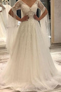 A-Line Deep V-Neck Short Sleeve Backless Floor-Length Wedding Dress with Pearl Lace Appliques BM bride