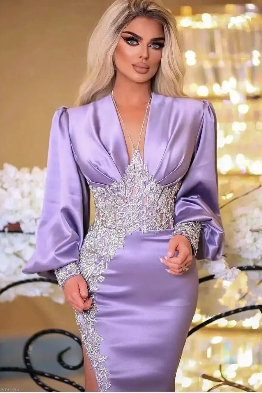 Lilac V-Neck Long Sleeve Mermaid Prom Dress with Split and Appliques BM bride