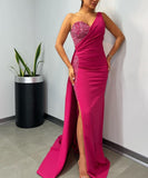 Black One-Shoulder V-Neck Long Prom Dress with Sequin Appliqued and Slit BM bride