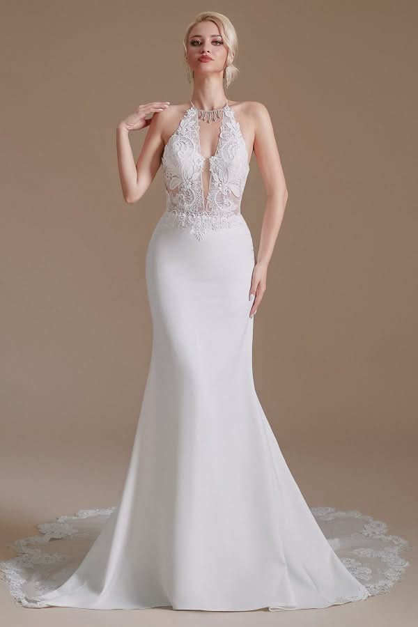 Modest Long Mermaid Halter Backless Satin Wedding Dress with Lace Appliques BM bride